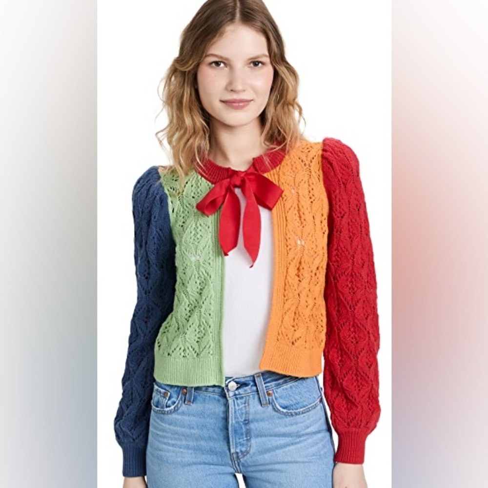 w/ Tags Alice + Olivia Kitty Puff Sleeve Eyelet Bow Sweater Cardigan XS